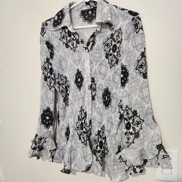 Essentials By Milano Blouse Medium Butterfly Sleeve White Black Sheer - Picture 1 of 11